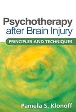 Book cover for Psychotherapy after Brain Injury: Principles and Techniques by Pamela S. Klonoff, featuring abstract green and yellow swirls with the title and author’s name in bold text.