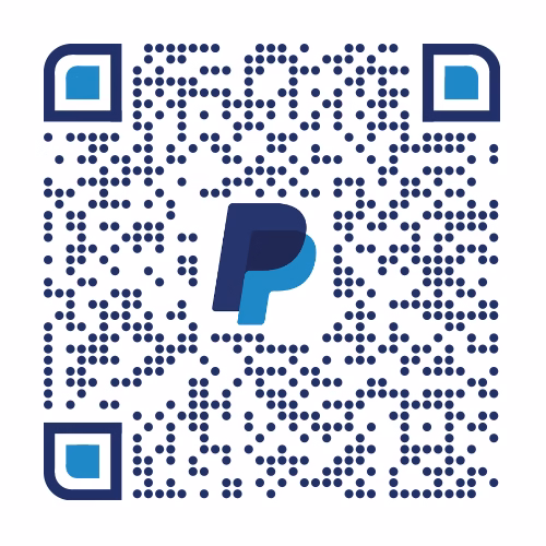 A QR code containing the PayPal logo in the center. The code is made up of blue dots and square patterns, with blue and turquoise accents in the corners.